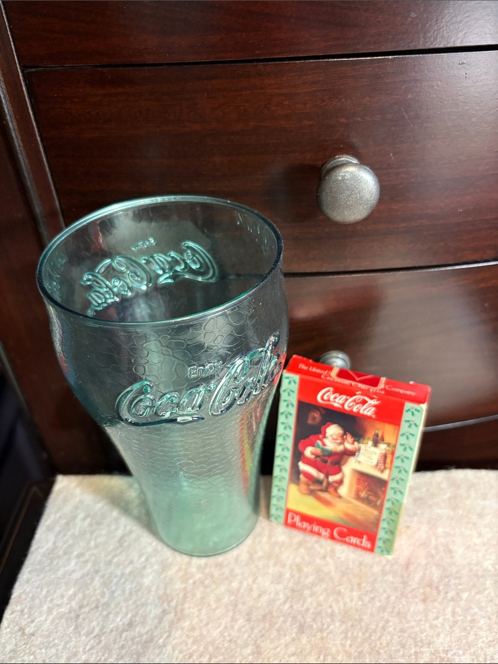 Coca Cola Red Santa Playing Cards - Holiday Deck & Plastic Coca Cola Glass